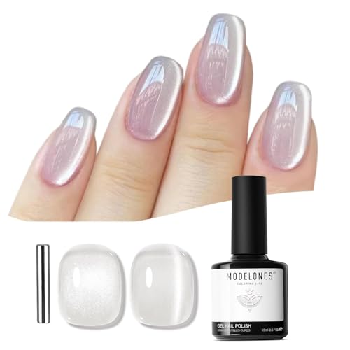 modelones Glassy Cat Eye Gel Nail Polish 15 ML Silver Glitter Holographic Glass Cat Eye Summer Jelly Shimmer Reflective Translucent U v Gel Magnetic Nail Polish