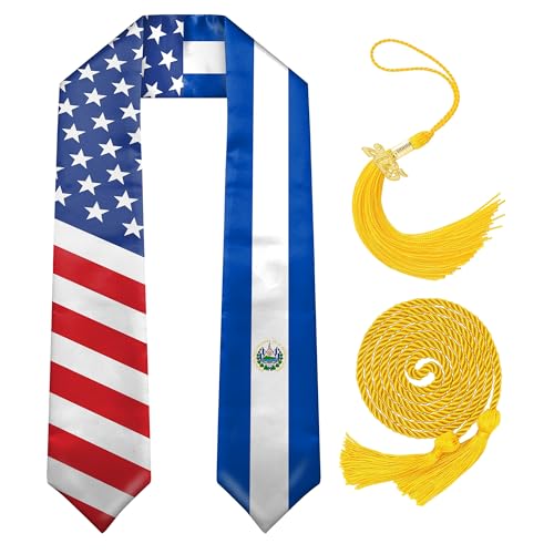 HSELOGI Graduation Stole Class of 2025 with Cap Tassel,and Honor Cord - USA Salvador National Flag Graduation Sash,Mixed Country Flag Stole 72