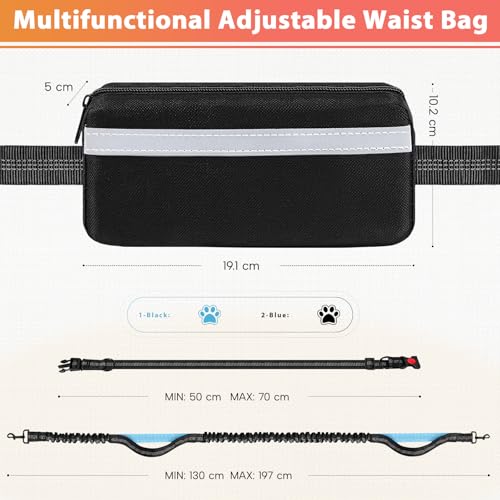 Joggingleine Hunde,Freihändig,Verstellbarer Bauchgurt hundeleine, Zwei gepolsterte Griffe,Stoßdämpfende, elastische,Abnehmbare reflektierende Hüfttasche,Joggen/Laufen Für Hunde bis 50 kg,Schwarz