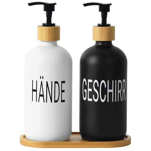 Winter Shore Glas Seifenspender Set in Deutsch [2 STK.] - Schwarz-Weiße Nachfüllbare Dispenser für Handseife und Spülmittel - Pumpspender-Köpfe & Tropfschale aus Bambus - 7,5 x 21.5 cm, 500 ml