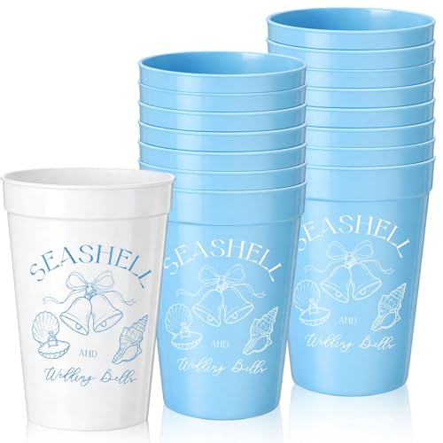 Yungyan 20 Pcs 12 oz Bachelorette Party Plastic Cups Reusable Drinking Cups Bridal Party Supplies for Wedding Bridal Bridesmaids (Seashell Bell Blue)