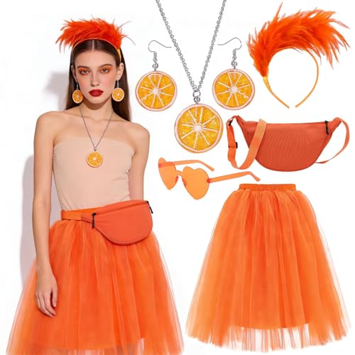 YDUNARISE 6er Aperol Kostüm Damen Accessoires,mit Orange Tüllrock,Bauchtasche,Ohrringe Orangenscheiben Halskette,Feder Haarreif,Brille,für Fasching Karneval Mottoparty
