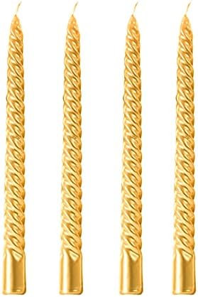 Wrcevtor 10 inchTaper Candles Set of 4 |7.5 hrs Clean Burning Unscented, for Wedding, Parties,Home Decor and Special Occasions，ture Dripless Long Candle Sticks Spiral Taper Candle (10 INCH, Golden)