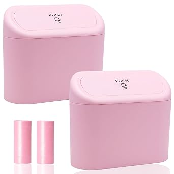Car Trash Can Bin with Lid - 2 Packs Universal Vehicle Mini Leakproof Garbage Can Bin with 40pcs Trash Bags Can Organizer Storage for Front Back Seat Accessories for Auto Office Bedroom HomePink