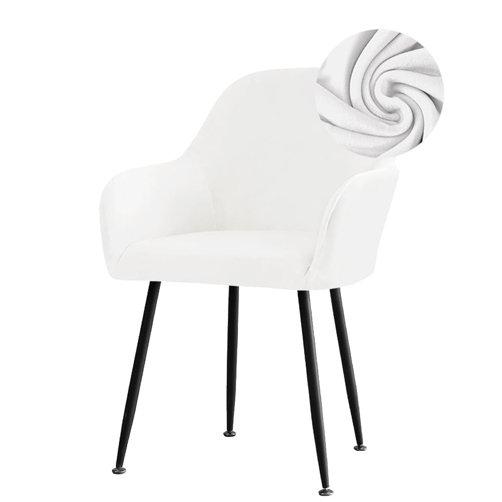 Highdi Stretch Dining Chair Covers Velvet Curved Back Chair Slipcovers with Armrest, Vanity Swivel Armchair Cover Removable Washable for Dining Room Wedding Party Hotel (White,4 PCS)