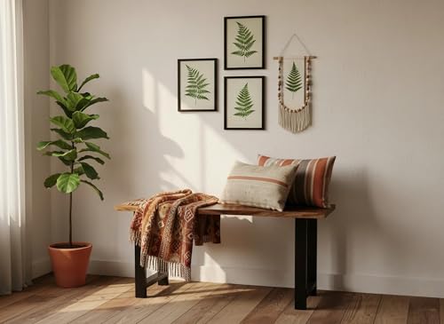 Image of REDWOOD Solid Sheesham Wood 2 Seater Bench for Living Room | Wooden Dining Bench Without Cushion for Home | Patio Outdoor & Balcony Seating Furniture | Black Coated Iron Metal Legs | Brown