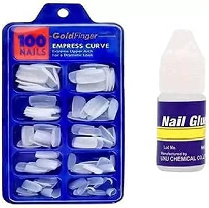 MAPPERZ Fake Nails With Glue Kit/Different Size Artificial Reusable Nails Tips Manicure Acrylic Fake/Women Professional Full Cover Artificial 100 False Nail Set - White (Pack of 2 combo)
