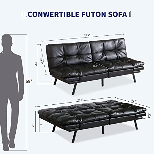Opoiar Futon Sofa Bed, Faux Leather Memory Foam Couch Futon Sets, Convertible Sofa Daybed With Mattress Included, Modern Convertible Love Seat Sofa Bed For Small/Compact Living Space, Black #TOP2