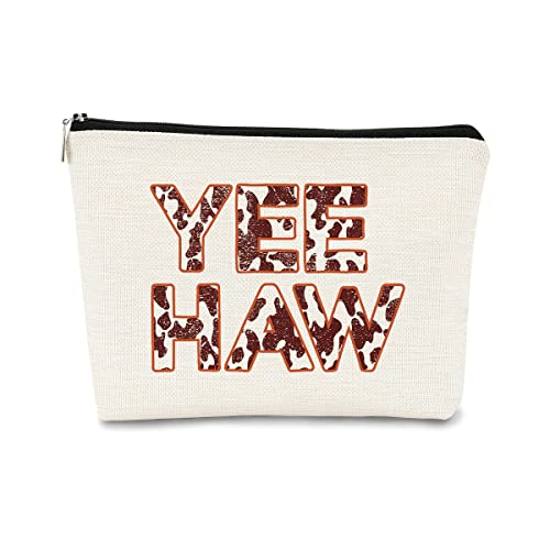 Yee Haw Cowgirl Cow Print Glitter Vintage Western Farmhouse Makeup Bag Cosmetic Bag Zipper Travel Toiletry Bag Best Birthday Christmas Gift Idea for Cowgirls Teen Girls Women,Cowgirl Gifts for Girls