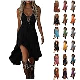 CRNTCEM Vestidos Vaqueros de Mujer para Botas, Western Dress for Women Halloween Vintage Cowgirl Midi Dresses Casual Sleeveless V Neck Ruffled Irregular Hem Sundresses Black