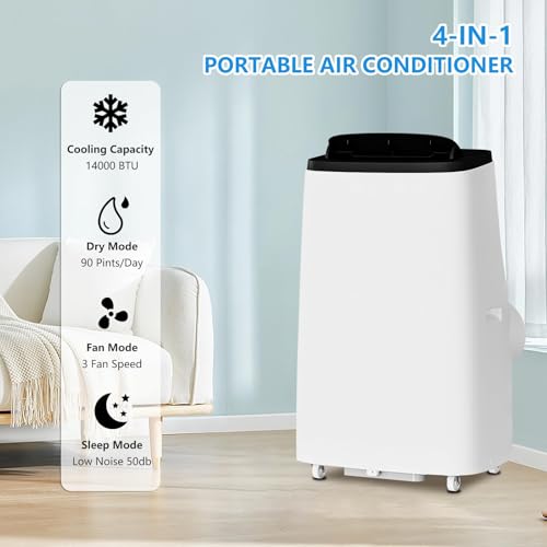 14,000 BTU Portable Air Conditioner Cools Up to 750 Sq.Ft, 3-IN-1 Quiet Portable AC Unit with Remote Control & Installation Kits for Large Room, Smart/Sleep Mode, Auto Swing, 24H Timer - Image 3