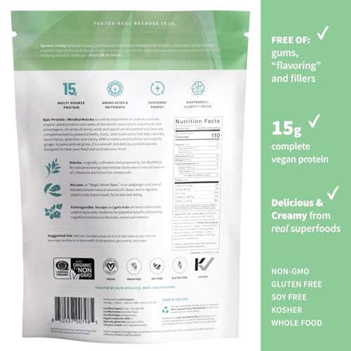 Image of Sprout Living Epic Protein, Plant Based Protein & Superfoods Powder, Mindful Matcha | 17 Grams Organic Protein Powder, Vegan, Non-GMO, Gluten Free, Adaptogens + Nootropics (1 Pound, 12 Servings)
