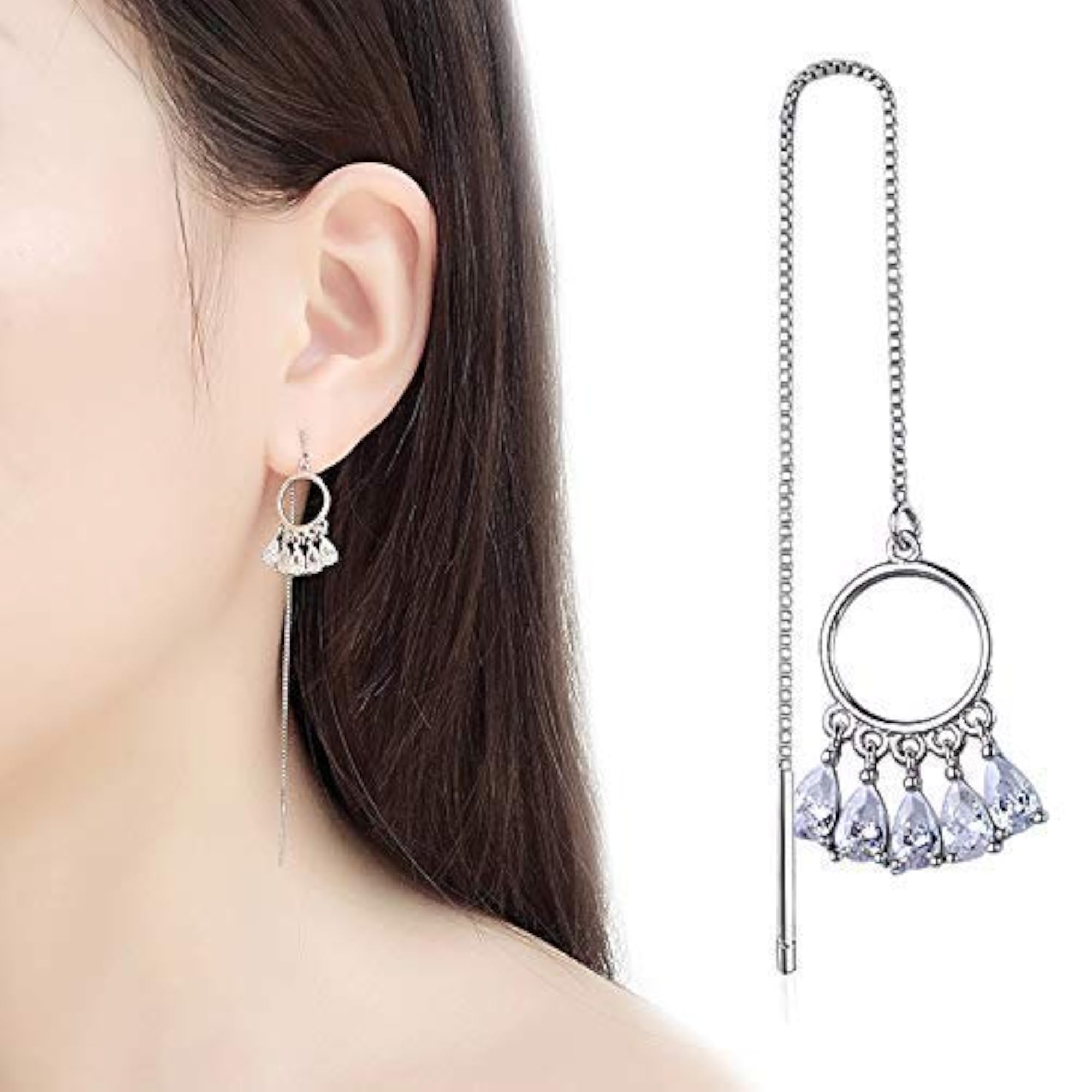 925 Silver Plated Minimalist Long Thin Linear CZ Threader Earrings
