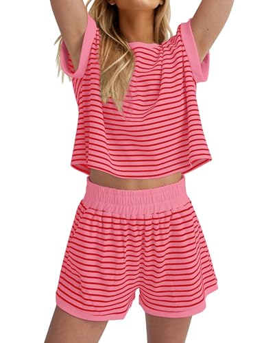 Burtell Women Summer 2 Piece Lounge Sets Striped Short Sleeve Tee Shirts Mini Shorts Loungewear Shorts Set Ribbed Pajama Set Pink