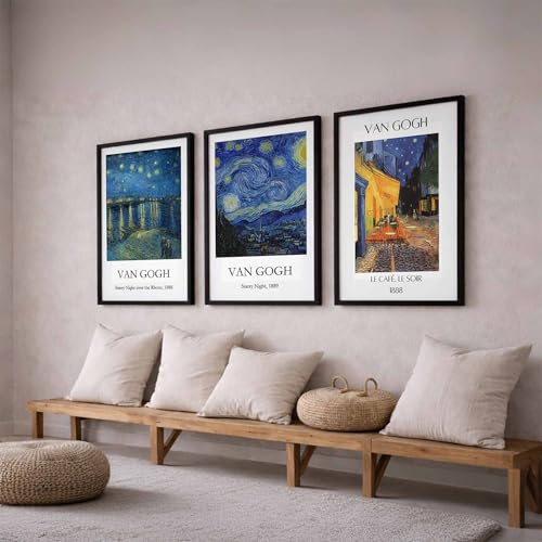 Image of Waltractive Vincent Van Gogh Starry Night, Cafe Terrace at Night & Starry Night over the Rhone Paintings Poster Wall Art Framed - Available in 9x13 and 13x19 Inches - Perfect Wall Decor for Bedroom and Dorm for Decoration for Art Lovers (Van Gogh Nightscape Trio, 9x13 Inch)
