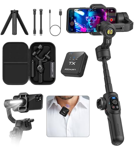 S2 Pro Smartphone-Gimbal-Stabilisator mit kabellosem Lavaliermikrofon, integrierter 18-cm-Verlängerungsstange und Fülllicht, professionelles 3-Achsen-Gimbal für iPhone und Android zur Videoaufnahme