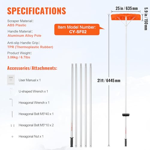 Vevor SNOW ROOF RAKE 25 Inch Plastic Blade Snow Removal Tool, 21Ft Reach Aluminium Handle, Superior Roof Shovel With Anti-Slip Handle Grip, Easy To Setup & Use For House Roof, Car Snow, Wet Leaves thumb #6