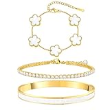 MOINSPIRE Gold Bracelets for Women, 18K Gold Plated Four Leaf Love Tennis Nail Clover Bangle Bracelets Set Non Tarnish, Stainless Steel Trendy Stackable Bracelet Fashion Jewelry Accessories Gifts