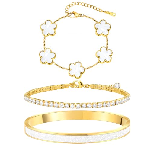 MOINSPIRE Gold Bracelets for Women, 18K Gold Plated Four Leaf Love Tennis Nail Clover Bangle Bracelets Set Non Tarnish, Stainless Steel Trendy Stackable Bracelet Fashion Jewelry Accessories Gifts