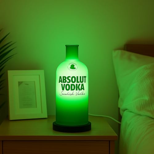 Image of Upcycled Vodka Decorative Bottle Lamp with Wooden Base & Built-in LED Light | Stylish Home & Bar Decor (Green)