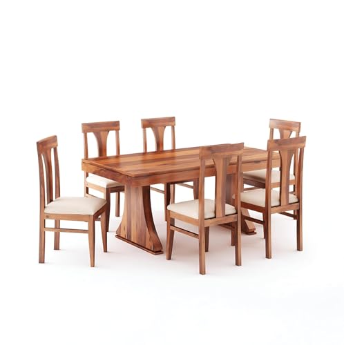 Image of SONA ART & CRAFTS Paan Solid Sheesham Wood Dining Table Set of 6 Dinner Dinning Table with 6 Cushion Chair for Dining Furniture for Living Room Home Hotel Office Self Assembly (Honey Finish)