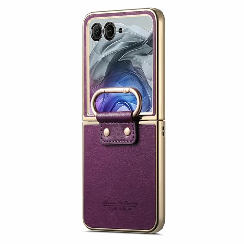 Image of for Motorola Razr 50 Ultra 5G Case Electroplating Leather Coated PC Phone Cover with Spring Ring Buckle Kickstand - Purple