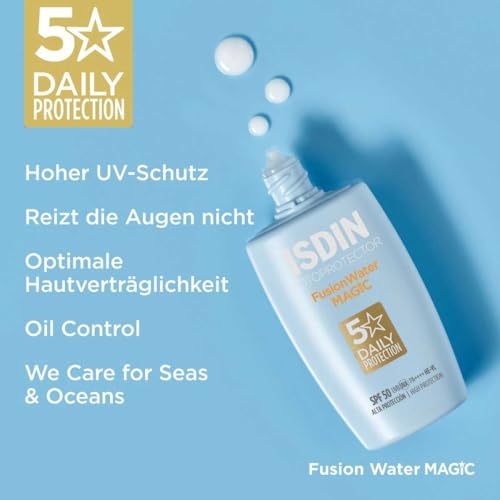 Image of ISDIN Fotoprotector Fusion Water Magic SPF 50 - Ultralight Water-Phase Daily Facial Sunscreen - High UV Protection, Intense Hydration with Hyaluronic Acid - Oil-Free, Non-Comedogenic Sunblock - 50ml