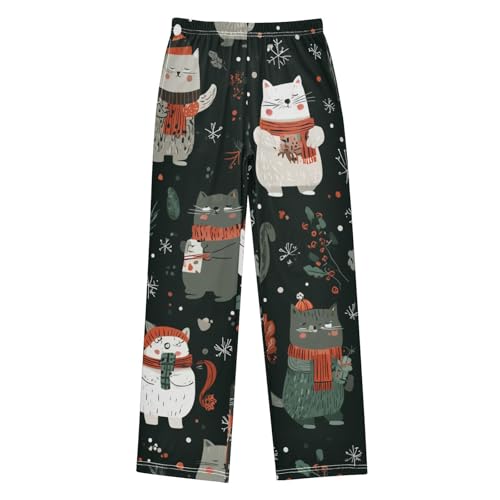 Xmas Cat Berry Boys Long Pants Soft Trousers Elastic Waist Kids Lounge Bottoms with Pockets S-XL
