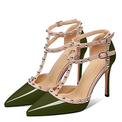 XINIUNIU Stiletto High Heels for Women Studded Heels with Studs Pumps 4 Inch Heeled Sandals Sexy Pointed Toe Ankle-strap Patent Leather Dress Wedding Shoes2