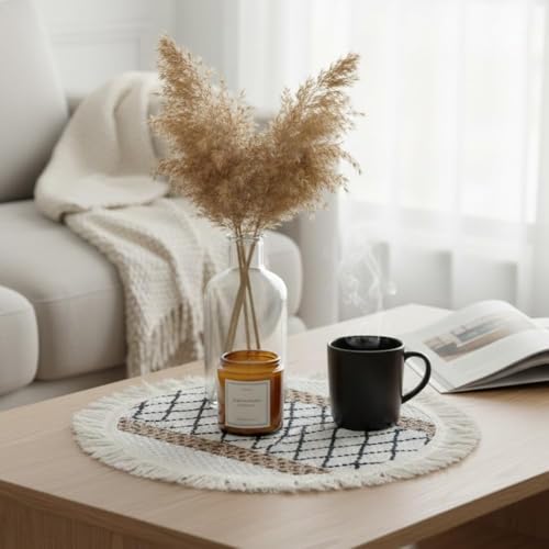 Image of HomeCloud Croshia Woven Table placemat - Heat Resistant, Washable Table Decoration for Dining, Office, Kitchen, Hotel, and Home (Round Beige Boxes, Set of 1)