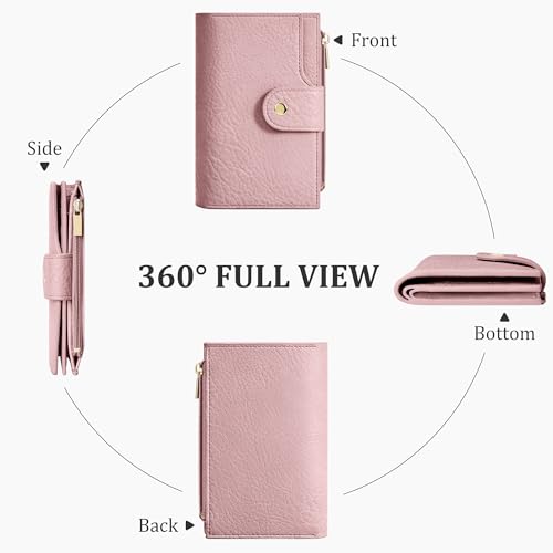 Women's Bifold Wallet, RFID Blocking Credit Card Holder with Zipper, Travel Cute Coin Pocket Wallet for Ladies, Pink2
