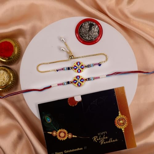 Image of Oblivion Rakhi Set for Brother and Bhabhi - Peacock with Feather Gift for Bhai & Lumba for Bhabhi with Silver Colour Coin and Greeting Card - Raksha Bandhan Combo