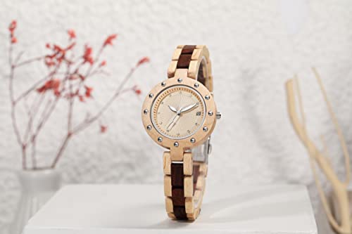Gorben Women's Bamboo Wooden Watch With Analog Calendar Display Crystal Elegant Quartz Casual Watches For Ladies #TOP4