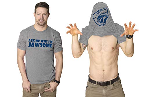 Ask Me Why I'm Jawsome T Shirt Funny Flip Up 70s Shark Movie Tee Funny T Shirts Shark Apparel for Men Cool Movie Short Sleeve Novelty Tees for Guys Light Grey 3XL