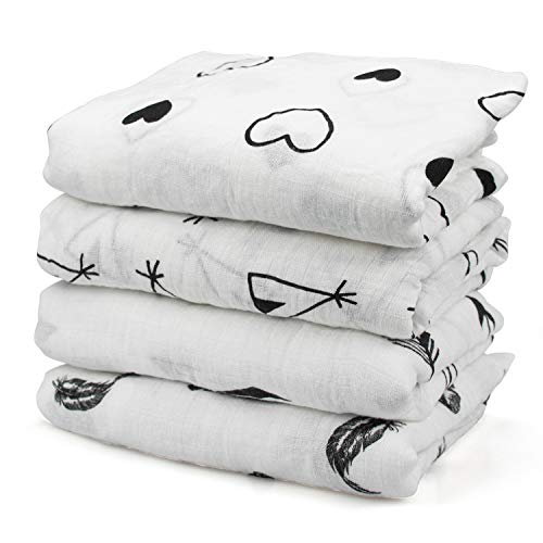 Image of Tosnail 4 Pack 47" x 47" Unisex Muslin Baby Swaddle Blanket Swaddle Wrap Receiving Blankets - Arrow, Feather, Tent, Heart