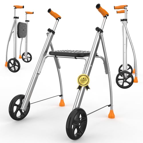 INDESmed - Andador Plegable con Asiento de Aluminio para ancianos, personas con movilidad reducida o rehabilitación. Ajuste preciso, Mango antitendinitis y antideslizante, 2 Ruedas (Naranja)