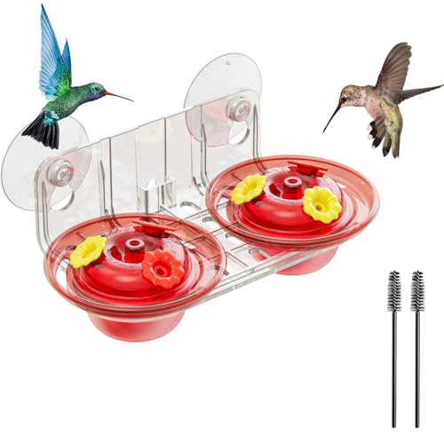 Window Hummingbird Feeder with Strong Suction Cups 2 Pack 2.6 oz Small Hummingbird Feeder for Outside Window Easy to Clean & Refill Bee Resistant Feeding Ports for Bird Watching (Red)