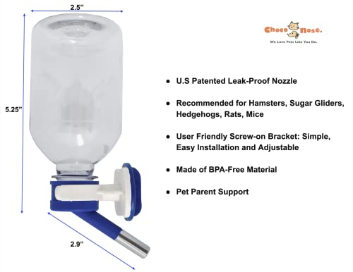 Choco Nose Patented Mini No-Drip Water Bottle/Feeder For Hamsters/Hedgehogs/Gliders/Rats/Mice And Other Small Pets And Animals - For Cages, Crates Or Wall Mount. 10.2 Oz. Nozzle 10Mm, Blue (C125) #TOP1