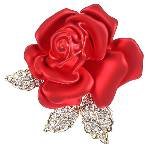 Image of Rose Flower Brooch Pin, 3D Crystal Rose Pin Rhinestone Floral Brooch Vintage Red Brooches 3D Floral Dress Accessories Red Roses Crystal Pins for Women Girls Hat Bag Suit Dress