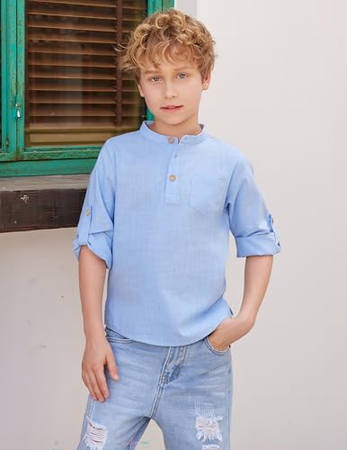 Image of Arshiner Boys Cotton Linen Henley Shirt Button Down Shirt Long Sleeve T Shirt Beach Shirt Tee Casual Solid Tops