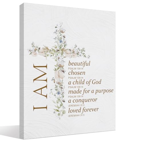 Image of BIWSHA Christian Wall Art, Floral Cross Bible Verses Wall Decor, Inspirational Christian Baptism Gifts for Women Men, Christian Gifts for Women, I Am Beautiful Scripture Canvas Wall Art Prints 11x14