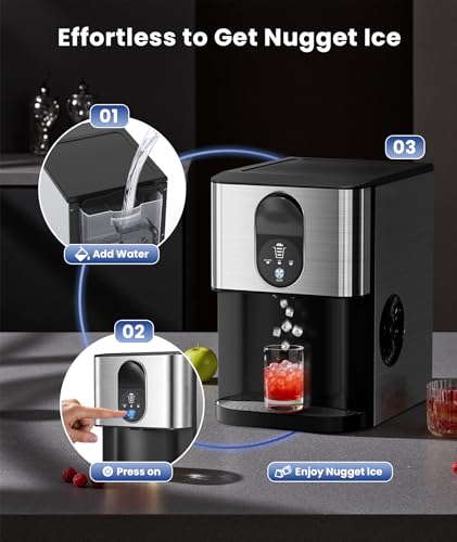 Cowsar Nugget Ice Makers Countertop, 44lbs/24H Pellet Ice Maker with Ice Dispenser, Self-Cleaning, Water Reservoir, Soft Chewable Ice Maker Machine for Home/Kitchen/Office, Silver Stainless