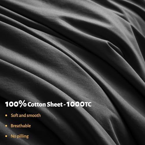 Shilucheng 100% Egyptian Cotton Sheets Set - 1000 Thread Count,Luxury Cotton Bed Sheets,Breathable & Cooling Bedding and Pillow Cases, 16 Inch Deep Pocket - 4 Piece (Black, Full)
