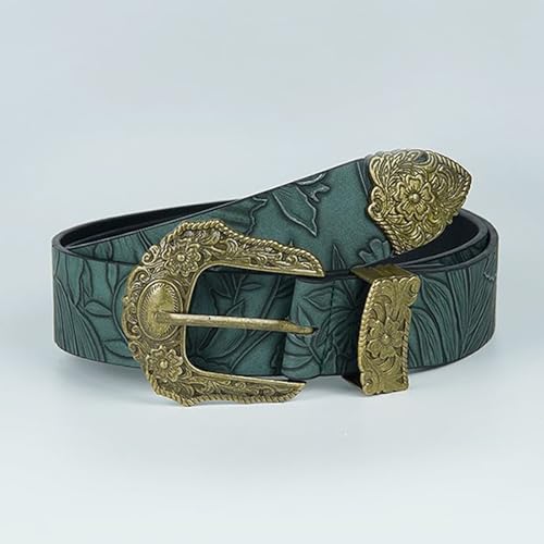 Green,110CM/43.3'',Trendy Floral Western Belts for Women Cowgirl Cowboy Country Belt with Silver Carved Gold Buckle3