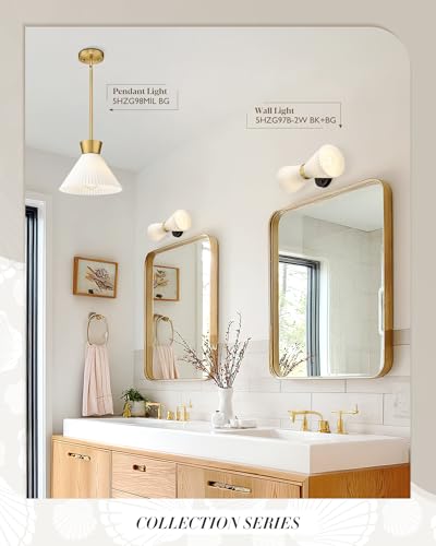 Image of Wall Sconces Set of Two, HWH 14.3 Inch Black and Gold Bathroom Sconces with Frosted Milk White Striped Glass, Up Down Modern Wall Light fixtures for Living Room Bedroom, 5HZG97B-2W-2PK BK+BG