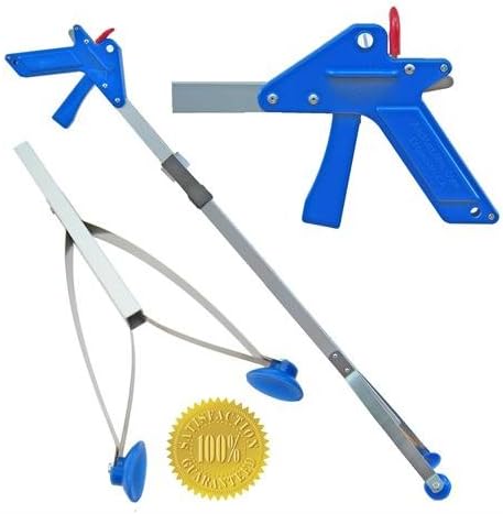 ArcMate EZ Reacher Deluxe SAF-T-LOK Indoor Reacher Grabber, Pistol Grip, 5-lb. Pickup Capacity, XL 4.5" Wide Jaw, Includes DangEZ Strap, Heat Resistant Food Grade Silicone Cup Tips, Blue, 32" (230LOK)