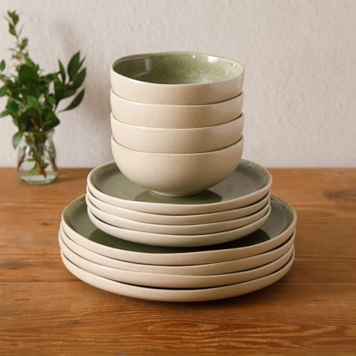 Image of Gibson Elite Manila Bay 12-Piece Stoneware Dinnerware Set, Service for 4, Reactive Glaze Modern Artisan Plates, Bowls & Mugs, Green, Round Design