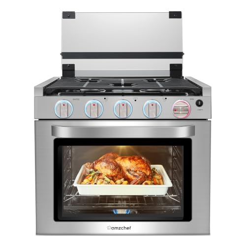AMZCHEF RV Gas Range Stove 12V. Range Oven for RV Use with 3 Burners Gas Oven 28 100BTU Open Flame Configuration Knob work indicator Heavy Duty Cast Iron Grates (Large 21 inch)