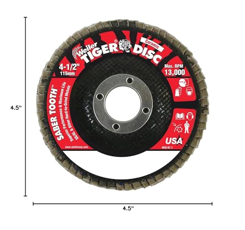 Image of Weiler 50102 Saber Tooth 7 /8 inch Arbor, 4-1 /2 inch Diameter, 60 Grit, Ceramic, Phenolic Backing, Angled Abrasive Flap Disc