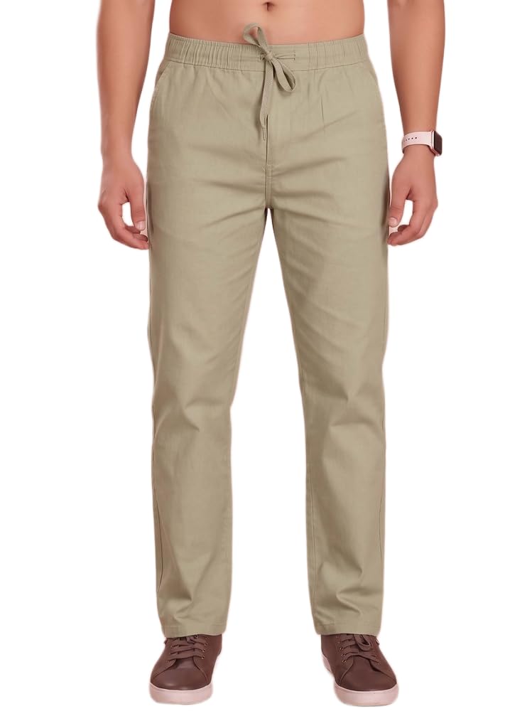 pantom Men's Casual Trouser Tan Straight Fit Mid-Rise Linen Drawstring Waist-picture-17